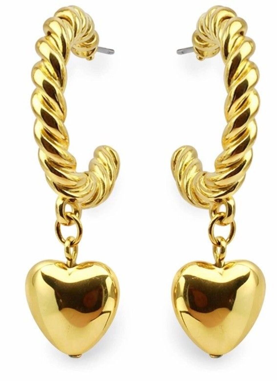 Vintage Gold Tone Twisted Rope Hoop Earrings Puffy Heart Dangle Drop 1980s